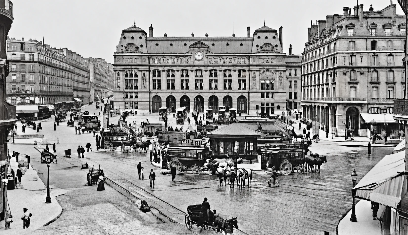 Estación de San Lázaro alrededor de 1900, con omnibus y coches delante de la fachada