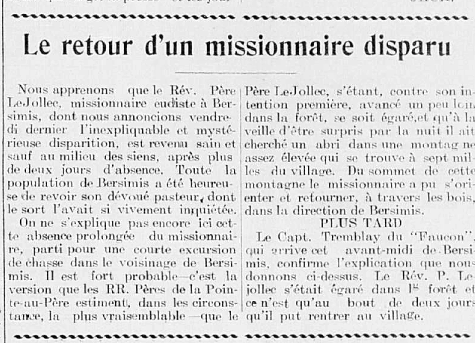 Ritaglio d’archivio ingrandito dal PDF del Progrès du Golfe; il titolo è «Le retour d’un missionnaire disparu»