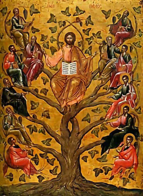 Icône du Christ la Vraie Vigne entouré de figures et de branches