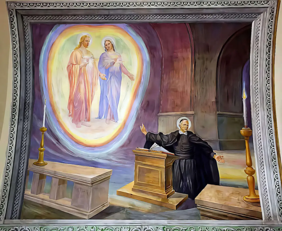 Saint Jean Eudes à genoux devant les Cœurs de Jésus et de Marie