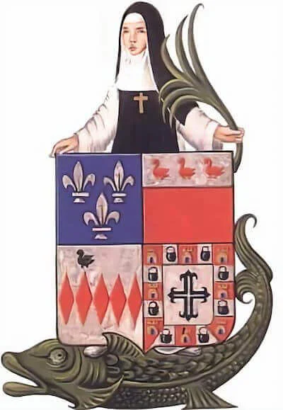Sainte Amalberge avec un esturgeon, attribut traditionnel de sa légende